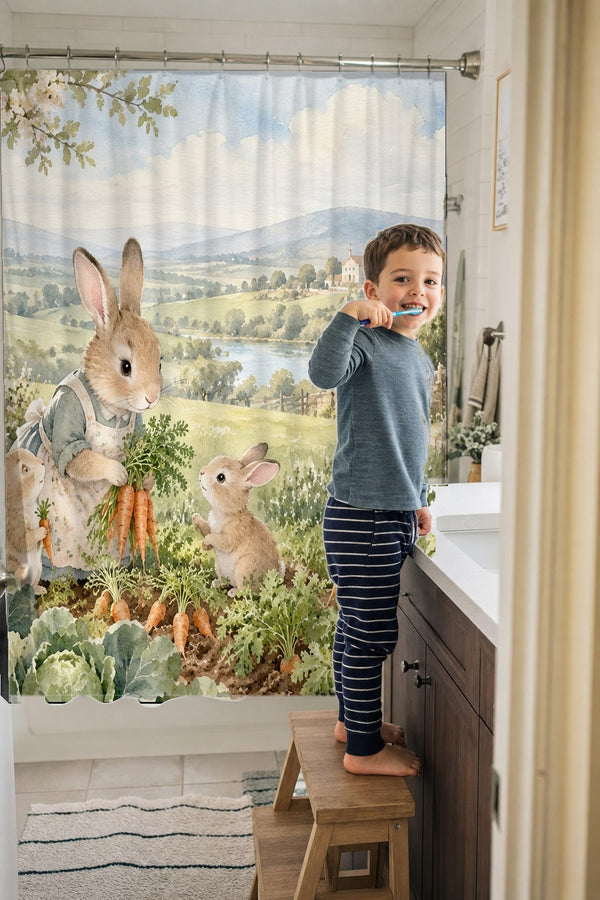 Child brushing teeth in a family bathroom with the Bunny Garden Farm shower curtain