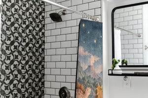 Moonlit Dinosaurs shower curtain in a modern farmhouse bathroom with subway tile