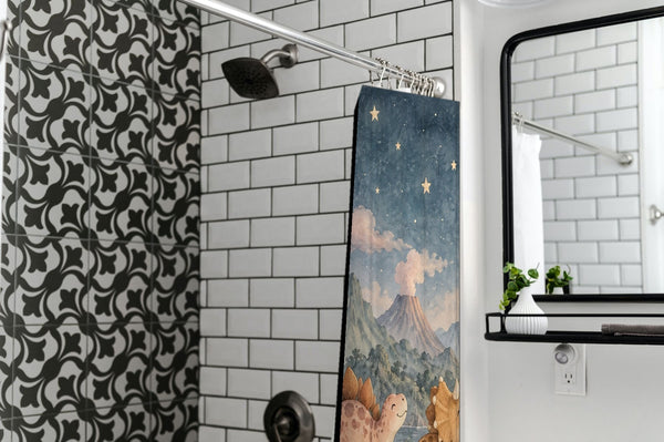 Moonlit Dinosaurs shower curtain in a modern farmhouse bathroom with subway tile