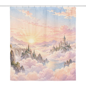 Cloud Towers Fairy Tale shower curtain, full front view of the 71 x 74 in fabric curtain