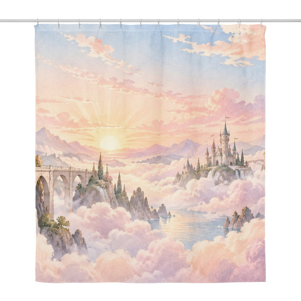 Cloud Towers Fairy Tale shower curtain, full front view of the 71 x 74 in fabric curtain