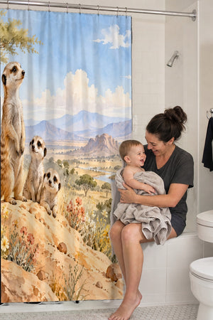 Mom holding her baby on the tub edge next to the Meerkat Family Safari shower curtain