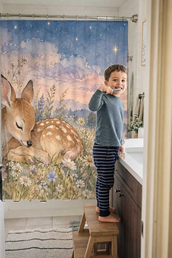 Child brushing teeth in a family bathroom with the Resting Deer shower curtain