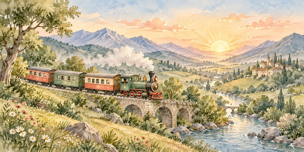 Watercolor Sunrise Train Wall Mural, image 3