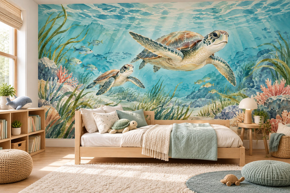 Watercolor Sea Turtles Ocean Wall Mural, image 1