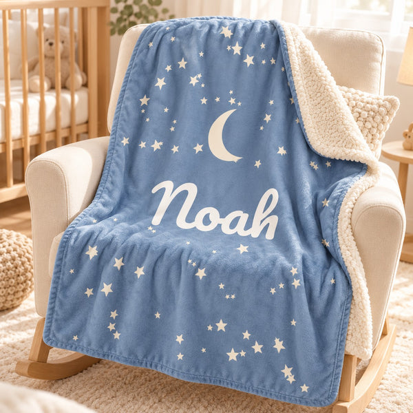Moon and Stars sherpa baby blanket, personalized, styled photo 1