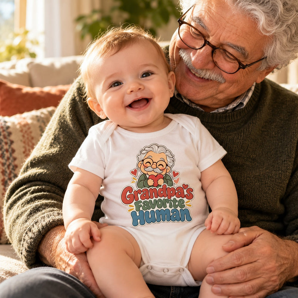 Baby wearing the Grandma's Favorite Human baby bodysuit