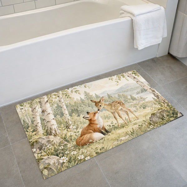 Fox and Fawn bath mat on the floor in front of the tub