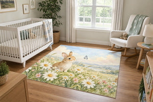 Daisy Meadow Bunny area rug in a calm nursery with a white crib