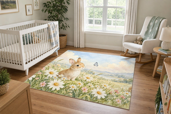 Daisy Meadow Bunny area rug in a calm nursery with a white crib