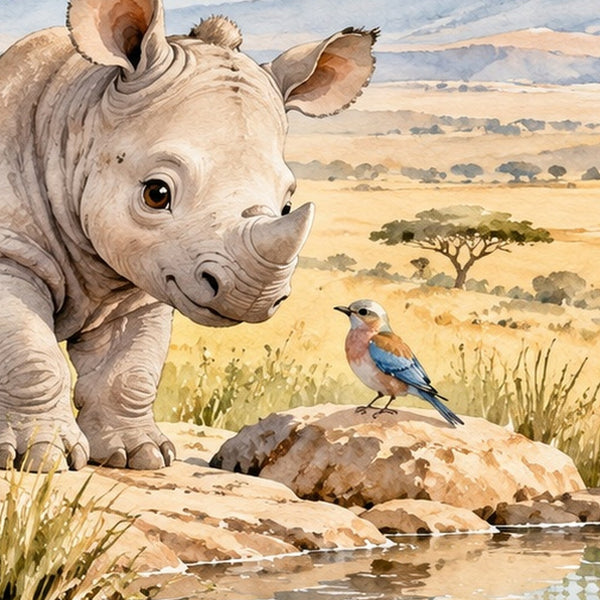 Baby Rhino Safari shower curtain, close up of the watercolor artwork