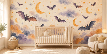 Watercolor Bats and Moons Halloween Wall Mural, image 1