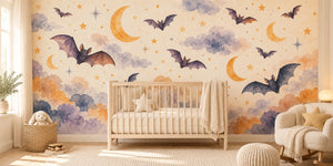 Watercolor Bats and Moons Halloween Wall Mural, image 1