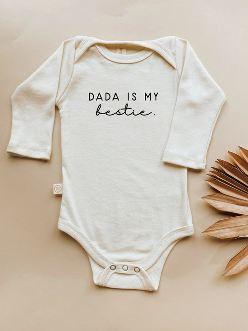 Dada is My Bestie Organic Long Sleeve Bodysuit for babies, angle view showcasing soft, eco-friendly fabric.