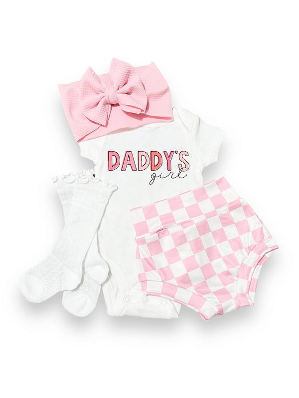 Pink Checker Daddy's Girl Bummies Set for babies, featuring a stylish two-piece design from an angled view.