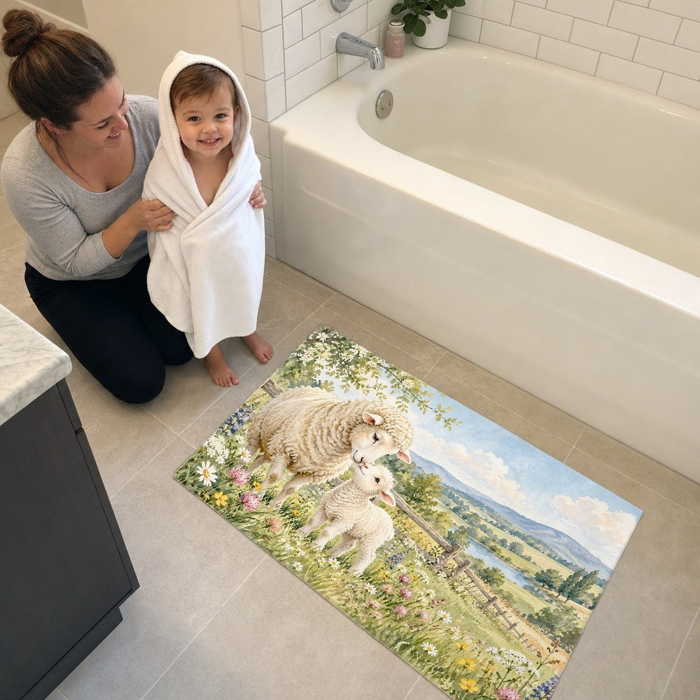 Lamb Meadow Farm kids bath mat, full view of the printed design