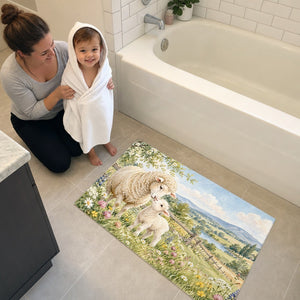 Toddler in a hooded towel stepping onto the Lamb Meadow Farm bath mat