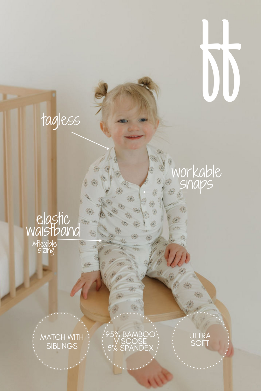 Bamboo two-piece pajamas for babies in Daisy Fields design, soft and breathable for comfortable sleep.