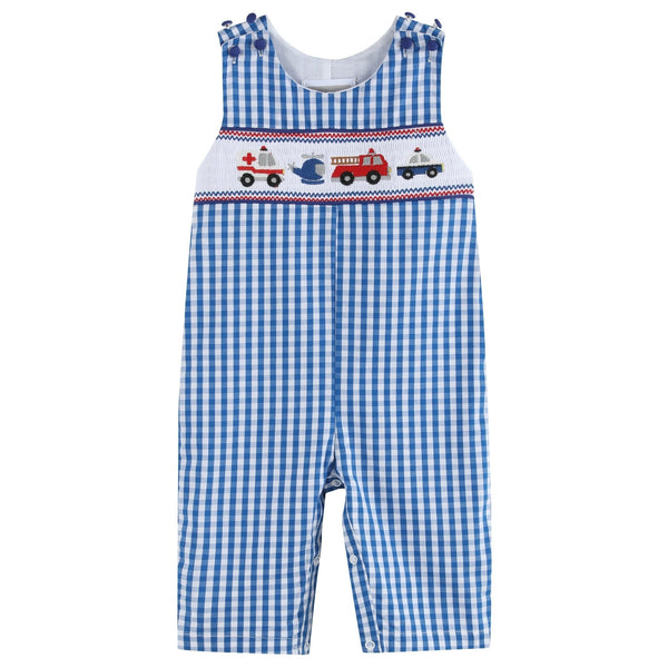 Dark Blue Gingham Emergency Vehicle Smocked Overalls