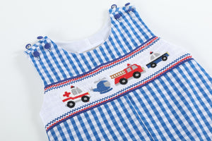 Dark Blue Gingham Emergency Vehicle Smocked Overalls