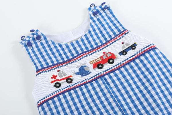 Dark Blue Gingham Emergency Vehicle Smocked Overalls