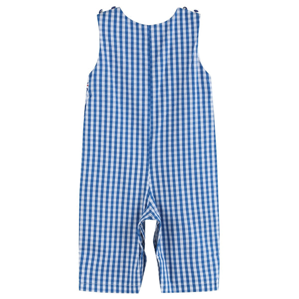 Dark Blue Gingham Emergency Vehicle Smocked Overalls