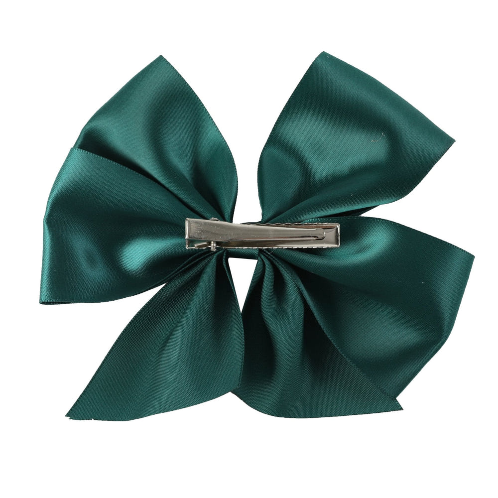 Dark green satin bow hair clip for babies, perfect hair accessory for stylish little ones.