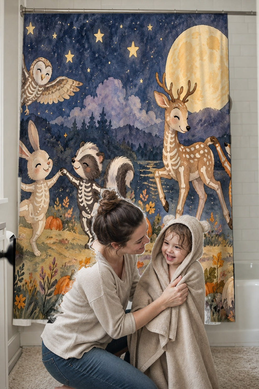 Skeleton Friends Halloween shower curtain, full front view of the 71 x 74 in fabric curtain