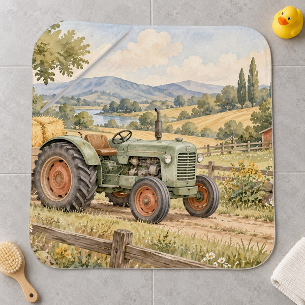 Farm Tractor kids hooded bath towel laid flat
