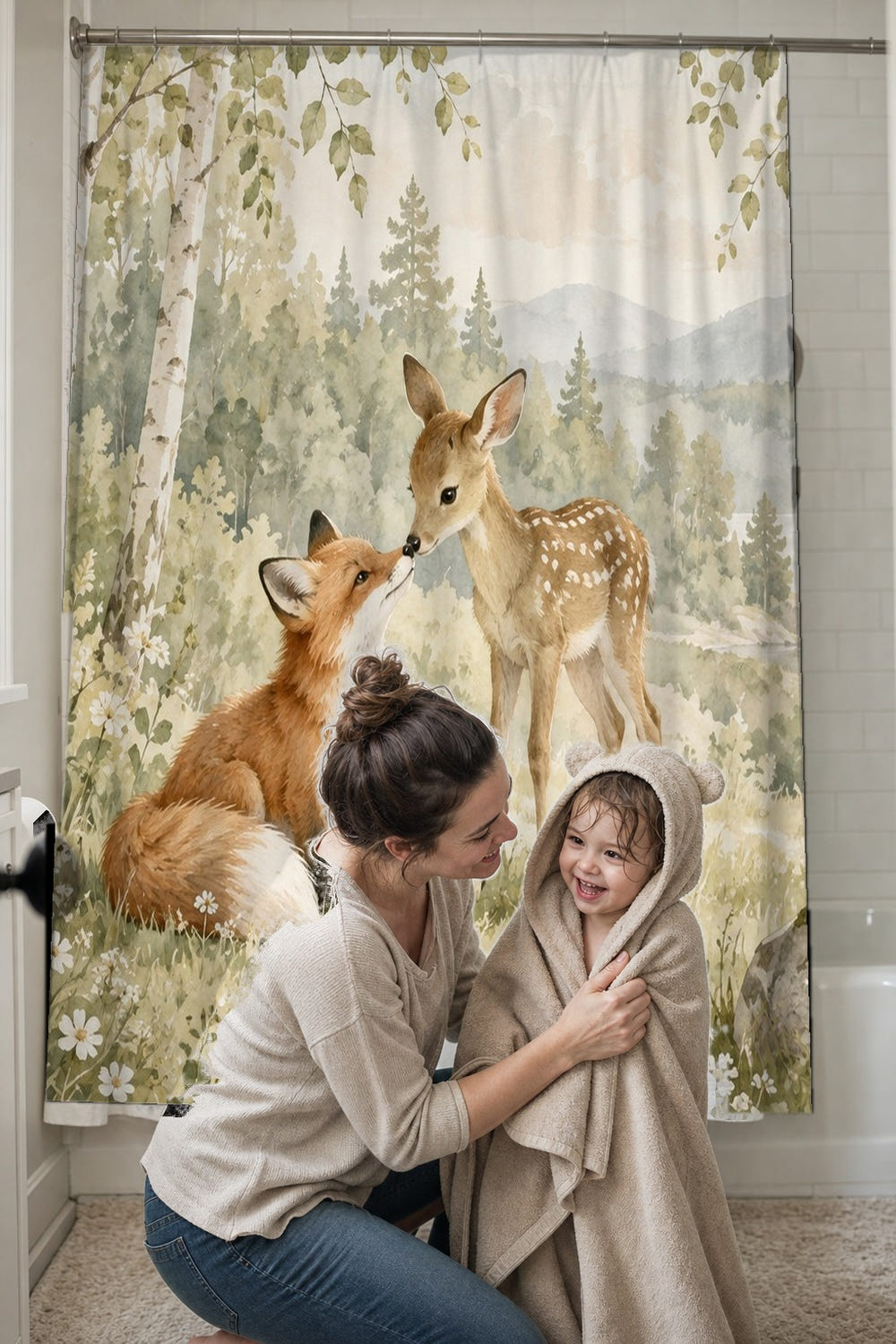Fox and Fawn shower curtain, full front view of the 71 x 74 in fabric curtain