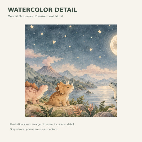 Watercolor Moonlit Dinosaurs Wall Mural, image 4