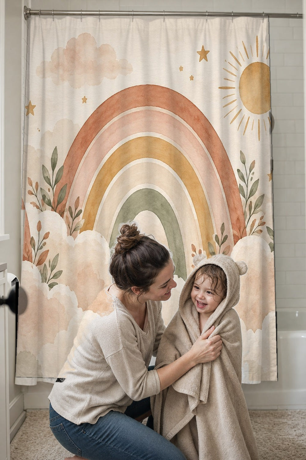 Rainbows on Clouds shower curtain, full front view of the 71 x 74 in fabric curtain