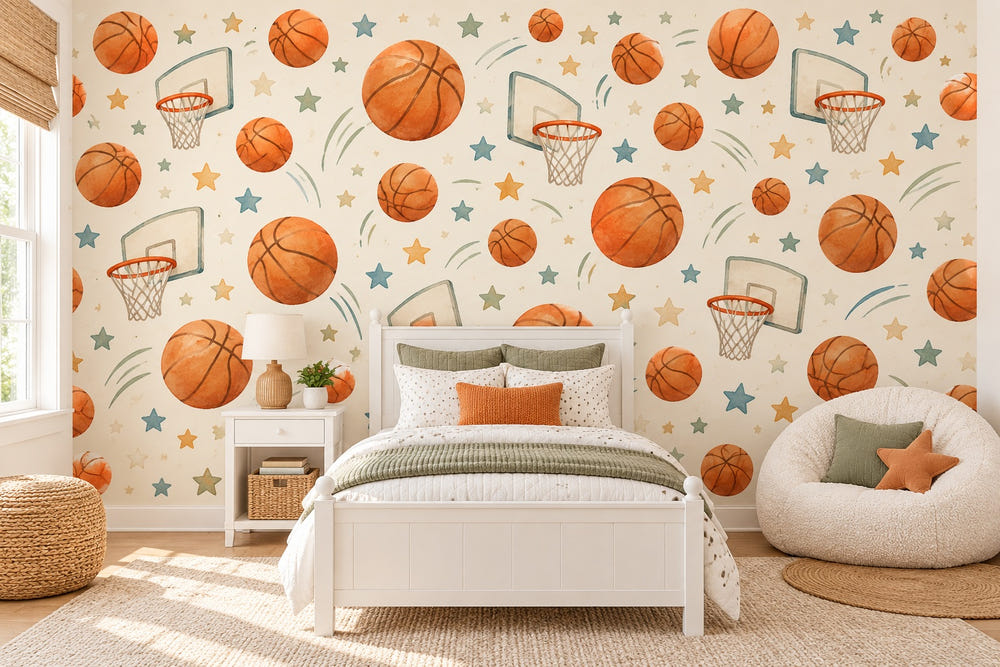 Watercolor Basketball Pattern Wall Mural, image 1