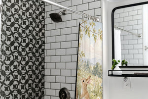 Rainbow Meadow Bunny shower curtain in a modern farmhouse bathroom with subway tile