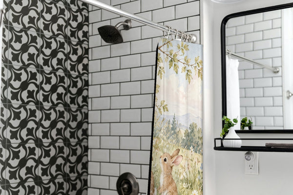 Rainbow Meadow Bunny shower curtain in a modern farmhouse bathroom with subway tile