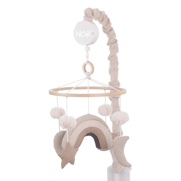 Rainbow Moon and Stars Pom Pom Ivory, Taupe, and Natural Wood Tones Plush Nursery Musical Mobile