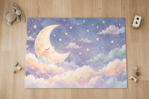 Top view of the Sleepy Moon kids area rug on a wood floor