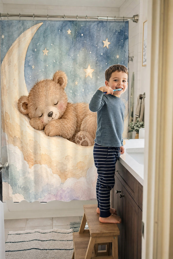 Child brushing teeth in a family bathroom with the Moon Bear shower curtain