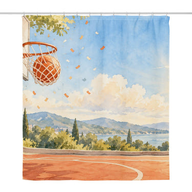 Swish Hoop Basketball shower curtain, full front view of the 71 x 74 in fabric curtain