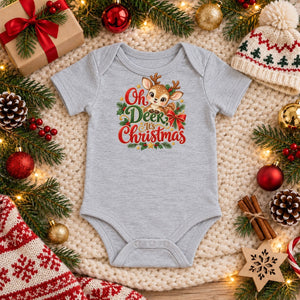 Oh Deer, It's Christmas baby bodysuit in heather grey, Christmas flat lay