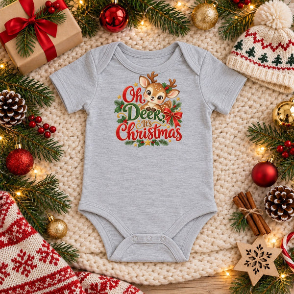 Oh Deer, It's Christmas baby bodysuit in heather grey, Christmas flat lay