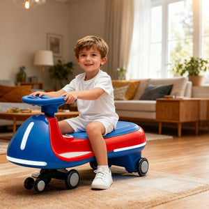 12V Electric Wiggle Ride On Car with dual motors and LED lights, angled view showcasing its vibrant design.