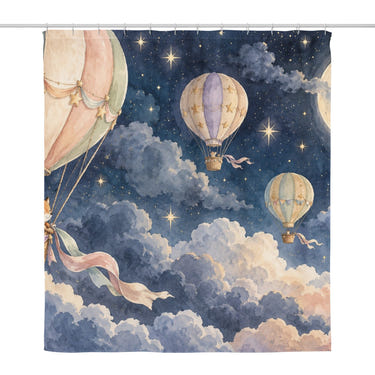 Moonlit Flight Hot Air Balloon shower curtain, full front view of the 71 x 74 in fabric curtain