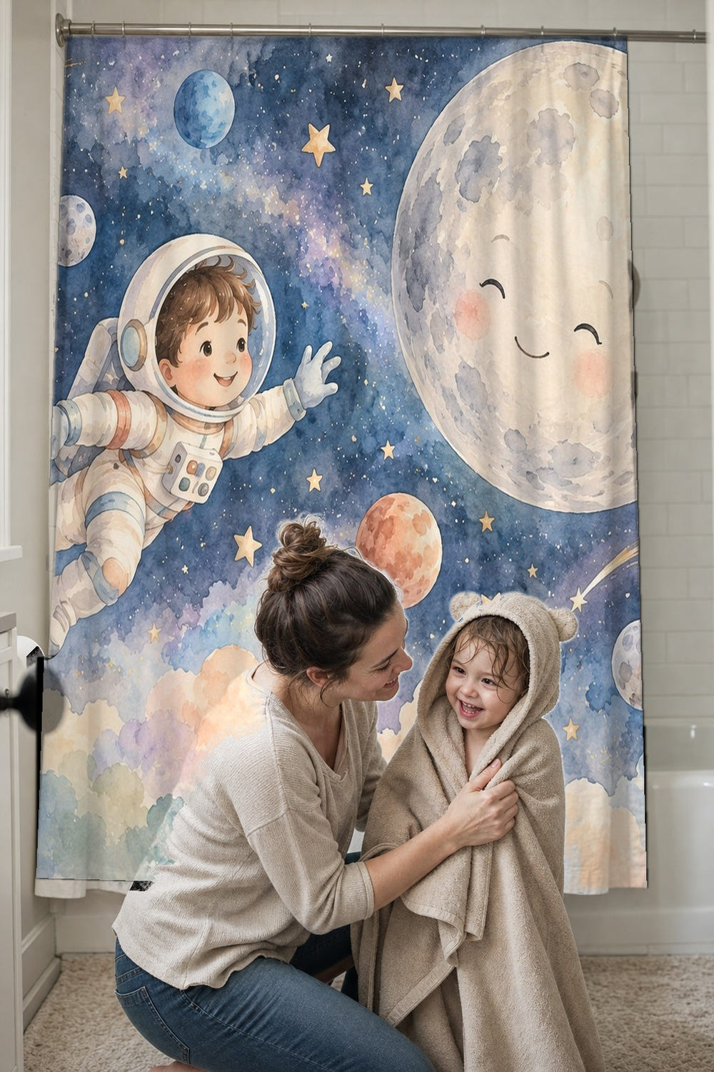Astronaut and Moon shower curtain, full front view of the 71 x 74 in fabric curtain