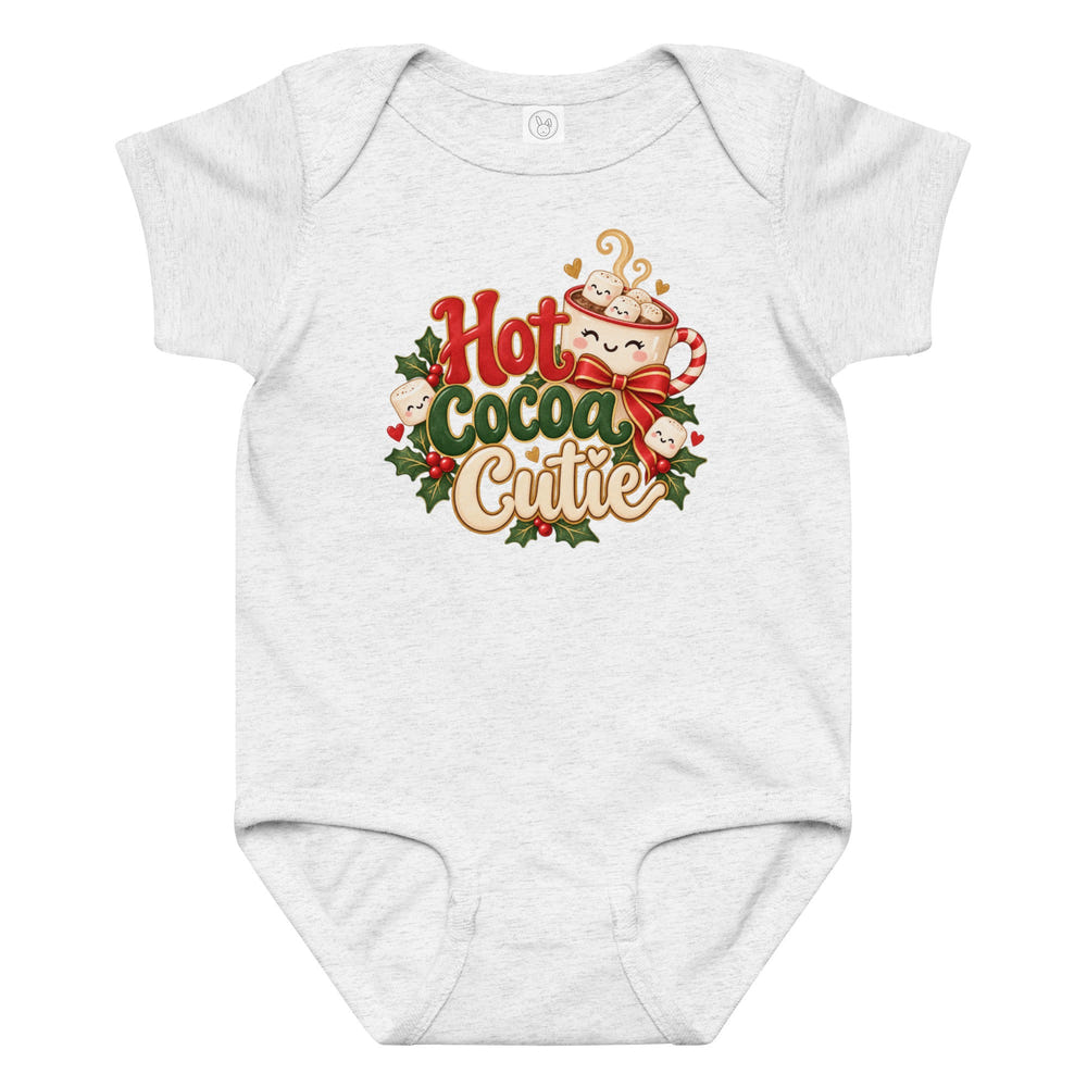 Hot Cocoa Cutie baby bodysuit in white, front view