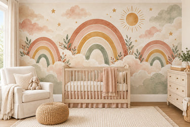 Watercolor Rainbows on Clouds Wall Mural, image 1