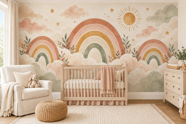 Watercolor Rainbows on Clouds Wall Mural, image 1