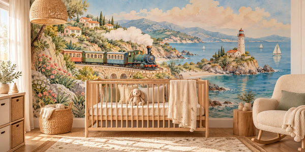 Watercolor Coastal Train Wall Mural, image 1