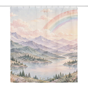 Lavender Peaks Rainbow shower curtain, full front view of the 71 x 74 in fabric curtain