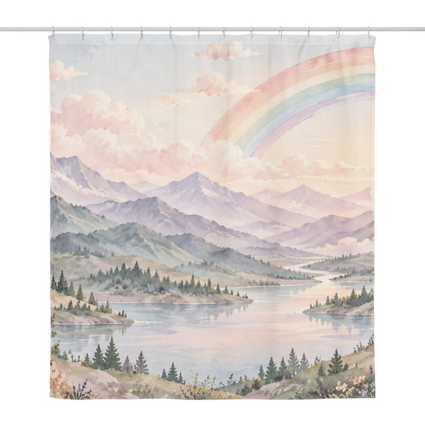 Lavender Peaks Rainbow shower curtain, full front view of the 71 x 74 in fabric curtain